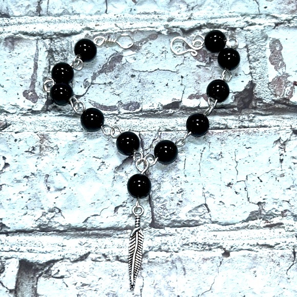 Handmade Feather Charm Bracelet with Natural Obsidian Stones! - Picture 5 of 6